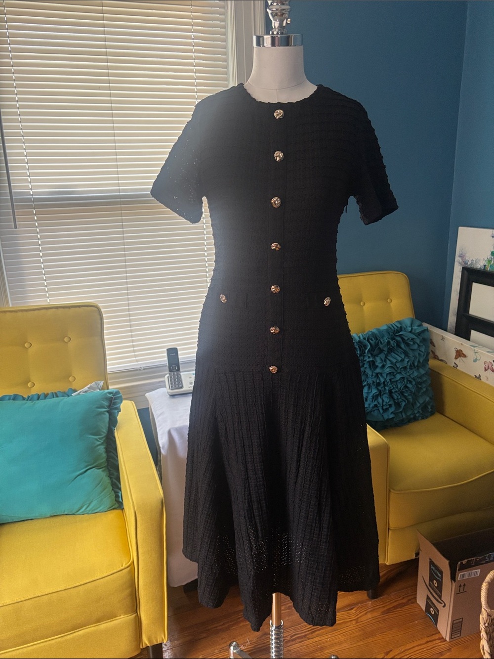 Classic Black Knit Button-Front Midi Dress